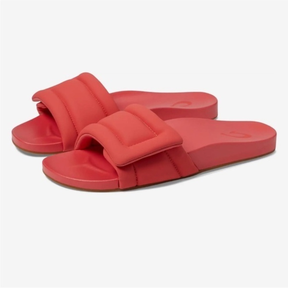NWOT Olukai Sunbeam Slide Sandals Women’s Size 10 W Lehua Flower Coral Pink Red